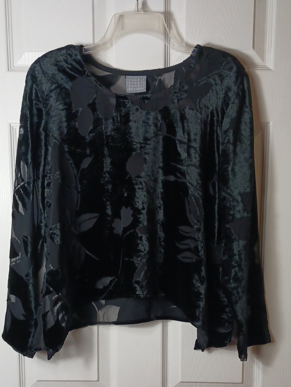 Black Velvet Burnout Floral Blouse Sheer Mesh Romantic Festive Chic Size 12P